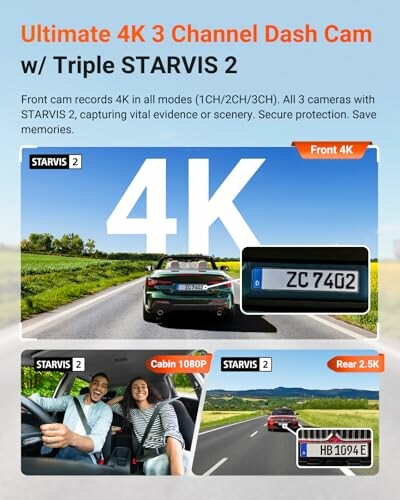 Ultimate 4K 3 Channel Dash Cam with Triple STARVIS 2, featuring front 4K, cabin 1080P, and rear 2.5K recording.