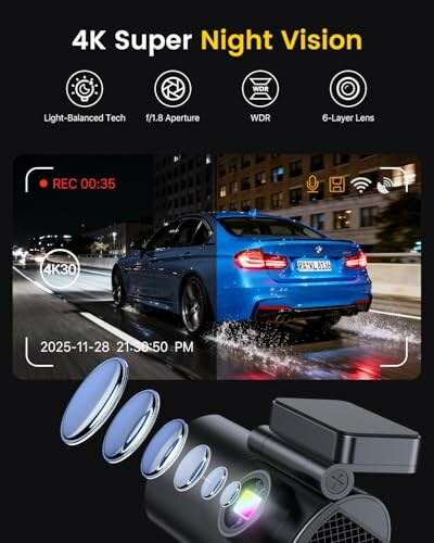 4K dash cam with night vision features and lens technology.