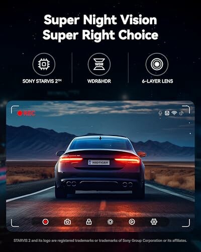 Car driving at night with dashboard display and night vision features.