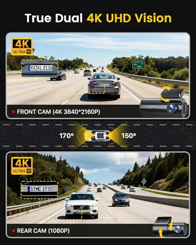 Dual 4K UHD dashcam display with front and rear camera views on highway.