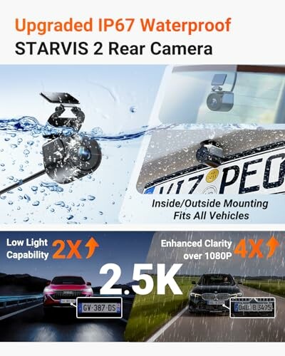 Features of IP67 waterproof STARVIS 2 rear camera including inside/outside mounting, low light capability, and enhanced clarity.