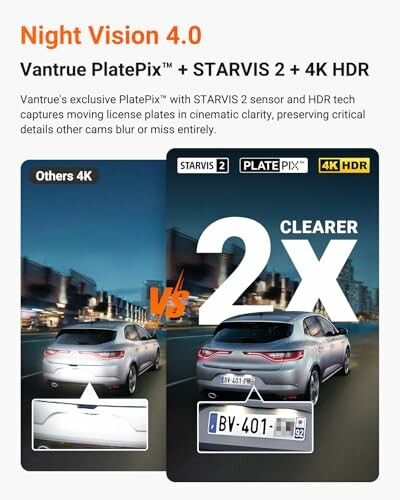Night Vision 4.0 comparison between Vantrue PlatePix and others, highlighting clarity and detail.